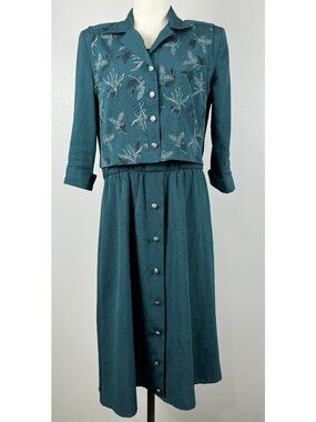 Miss Dorby Vintage Teal Green Dress Size 10 With Floral Overlay Vest 3/4 Sleeve